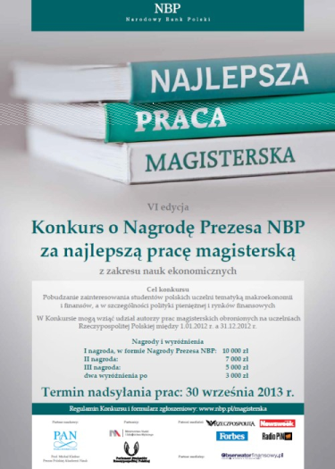 Konkurs o Nagrodę Prezesa NBP za najlepszą pracę magisterską z zakresu nauk ekonomicznych