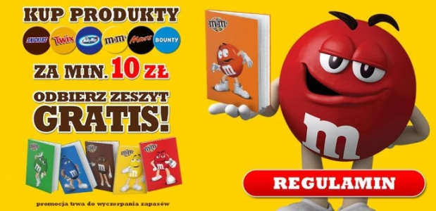 Kup dowolne produkty  Snickers, Mars, Twix, M&M ’s, Milky  Way , Bounty  za minimum 10 zł i odbierz  zeszyt. Biedronka