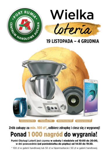 Wielka loteria Centrum Auchan, Kobierzyce, Rumia, Białystok, Poznań, Piaseczno, Płock, Kołbaskowo, Bielsko Biała, Krasne, Sosnowiec, Tarnowo Podgórne