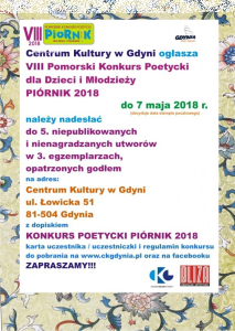 VIII Pomorski Konkurs Poetycki dla dzieci i młodzieży "PIÓRNIK 2018"