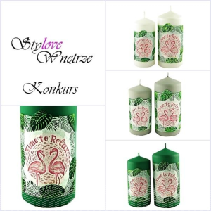 Wygraj komplet dwóch tropikalnych świec z motywem liści i flaminga Time to Relax