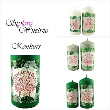 Wygraj komplet dwóch tropikalnych świec z motywem liści i flaminga Time to Relax