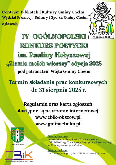IV Ogólnopolski Konkurs Poetycki im. Pauliny Hołyszowej ",Ziemia moich wierszy" edycja 2025